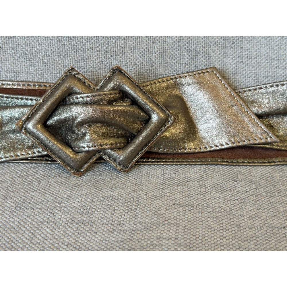 Vintage 80s Gold Leather Wide Cinch Belt Geometric Buckle Metallic Waist Belt